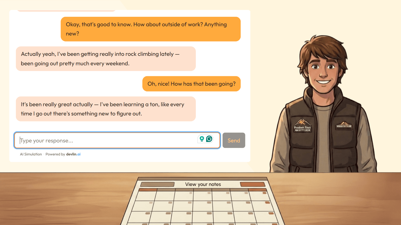 An AI conversation simulation powered by devlin.ai: a learner chats back and forth with an illustrated character inside a training scenario