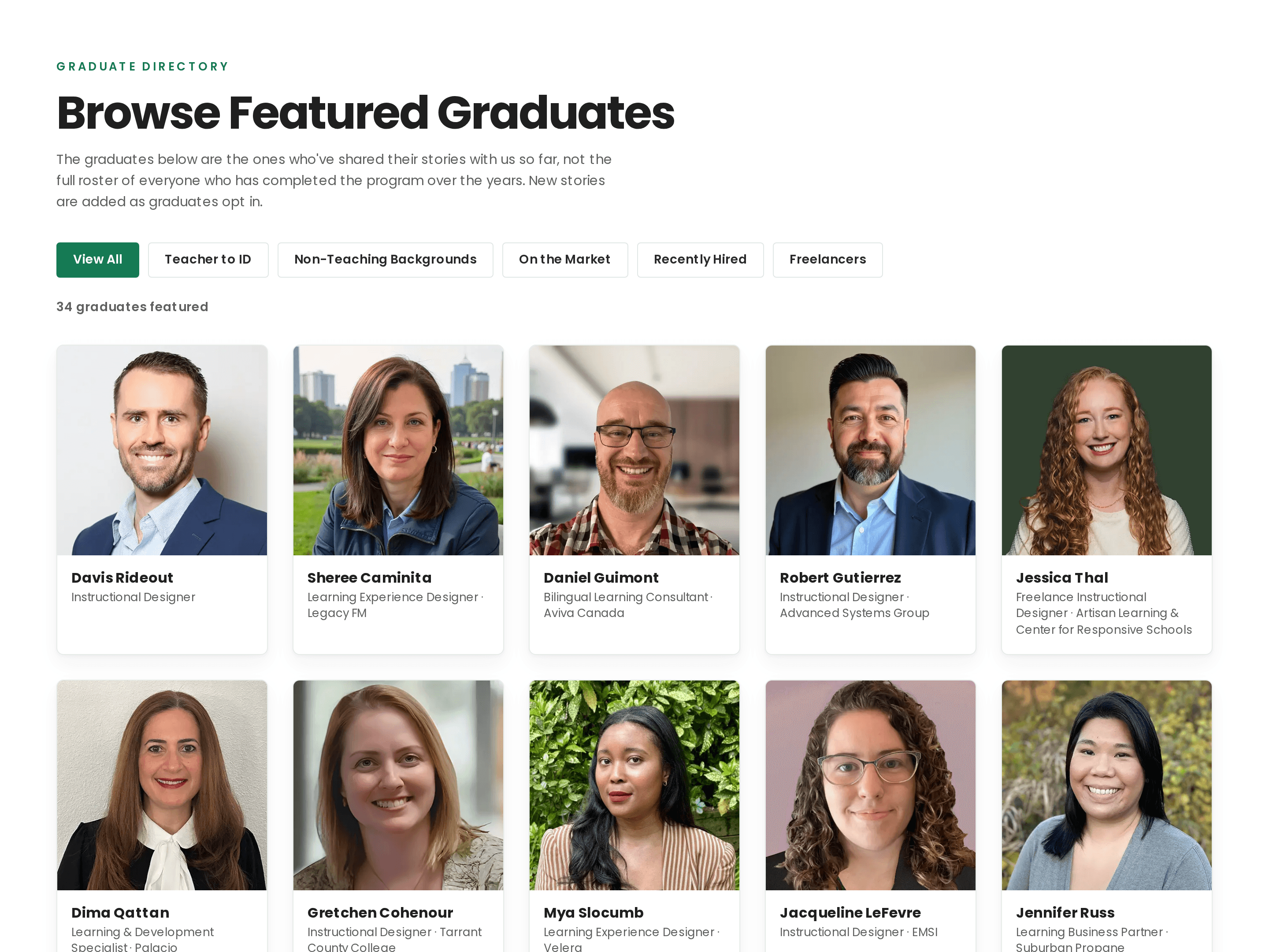 The Peck Academy showcase directory: Browse Featured Graduates with filter tabs and a grid of graduate cards showing names, roles, and employers